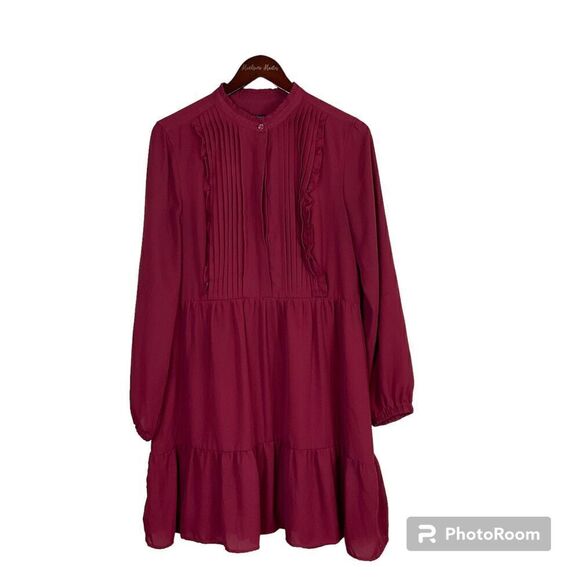 J Crew Mercantile Burgundy Dress 14 Long Sleeve A Line Ruffle Pin Tuck Pleated - Picture 1 of 12